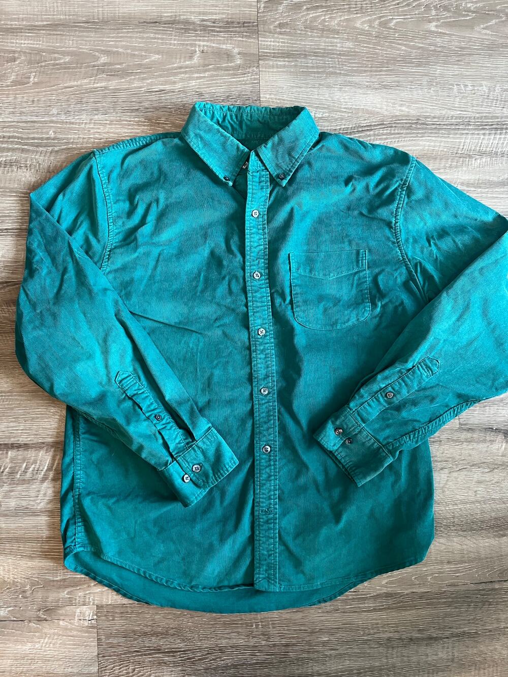 Lands' End Men's Large Green Corduroy Flannel Button Down Shirt One Pocket Tradi